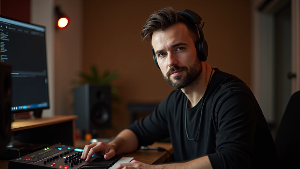 Artiste indépendant à son home studio avec équipement de production musicale professionnel