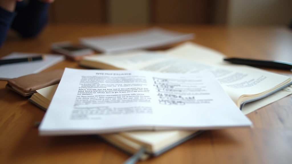 Cahier ouvert avec annotations manuscrites sur un texte imprimé, stylo à proximité