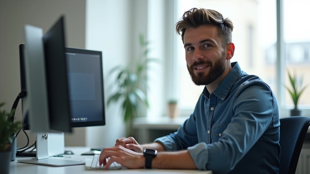 Personne travaillant sur un ordinateur portable avec plusieurs moniteurs dans un espace de travail moderne