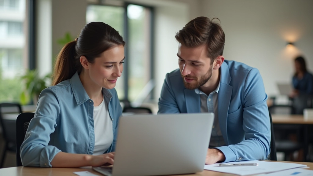 Deux personnes regardant un écran avec un document collaboratif ouvert, discussion active
