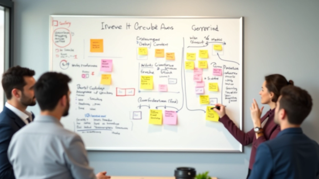 Tableau blanc avec des notes autocollantes et des diagrammes représentant une stratégie de revenus passifs